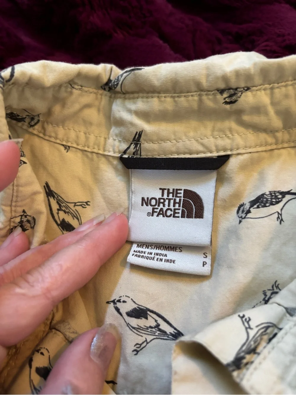 North Face Cream Short-Sleeve Button-Up Shirt with Black Bird Print worn once
